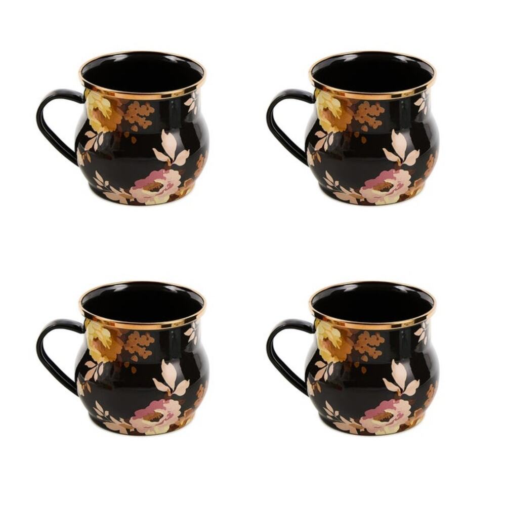 NEW MacKenzie-Childs Wild Rose Brown Mugs Set of 4 in Original Box